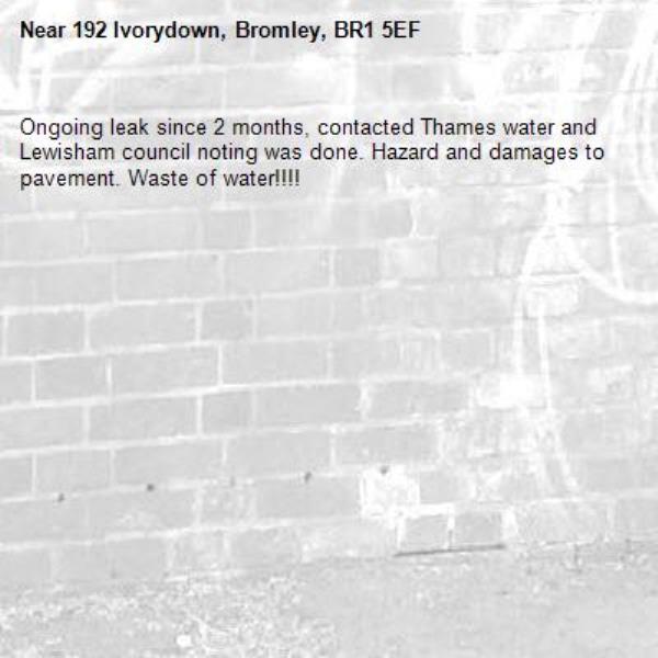 Ongoing leak since 2 months, contacted Thames water and Lewisham council noting was done. Hazard and damages to pavement. Waste of water!!!!-192 Ivorydown, Bromley, BR1 5EF