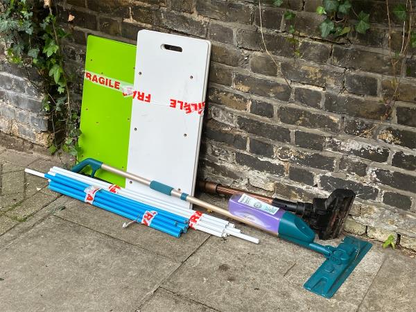 Next door neighbour yet again dumping their rubbish on the street! Hoover? Floor mop? Shelves?-Flat 2, 2 The Glebe, London, SE3 9TT