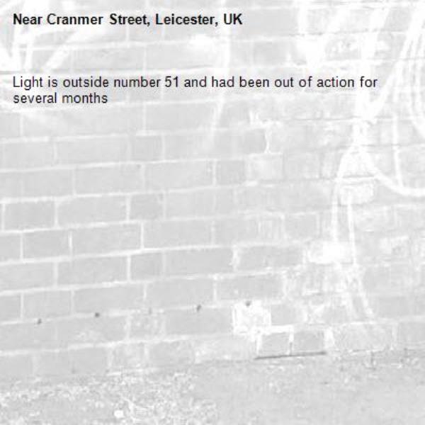 Light is outside number 51 and had been out of action for several months-Cranmer Street, Leicester, UK