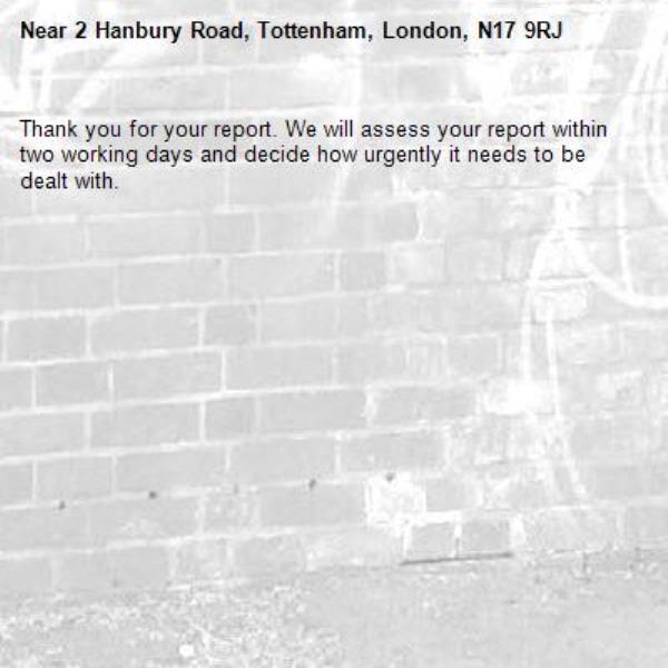 Thank you for your report. We will assess your report within two working days and decide how urgently it needs to be dealt with.-2 Hanbury Road, Tottenham, London, N17 9RJ