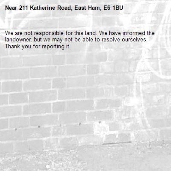 We are not responsible for this land. We have informed the landowner, but we may not be able to resolve ourselves. Thank you for reporting it.-211 Katherine Road, East Ham, E6 1BU