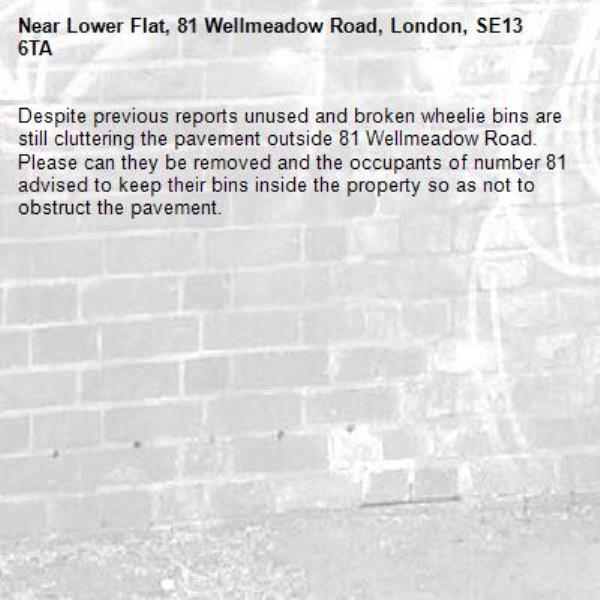 Despite previous reports unused and broken wheelie bins are still cluttering the pavement outside 81 Wellmeadow Road.  Please can they be removed and the occupants of number 81 advised to keep their bins inside the property so as not to obstruct the pavement. -Lower Flat, 81 Wellmeadow Road, London, SE13 6TA