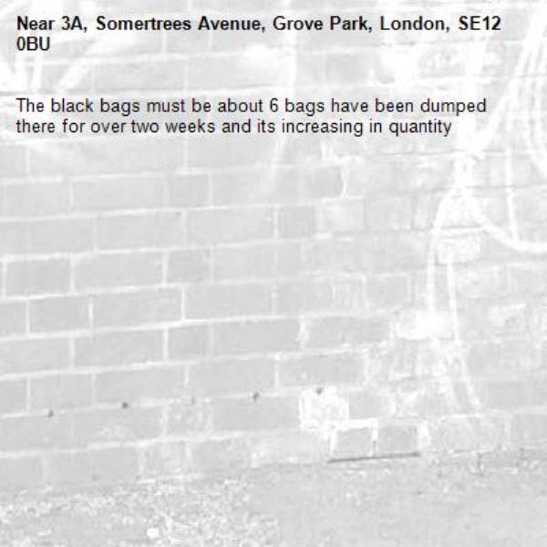The black bags must be about 6 bags have been dumped there for over two weeks and its increasing in quantity
-3A, Somertrees Avenue, Grove Park, London, SE12 0BU