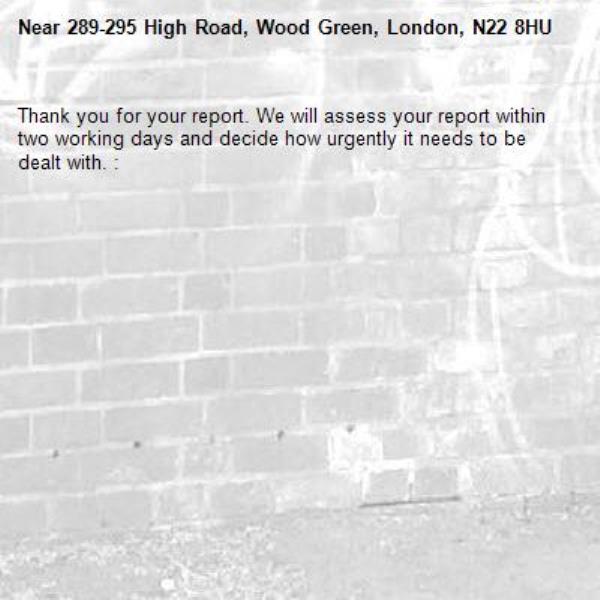 Thank you for your report. We will assess your report within two working days and decide how urgently it needs to be dealt with. : -289-295 High Road, Wood Green, London, N22 8HU