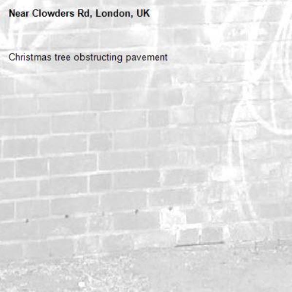 Christmas tree obstructing pavement -Clowders Rd, London, UK