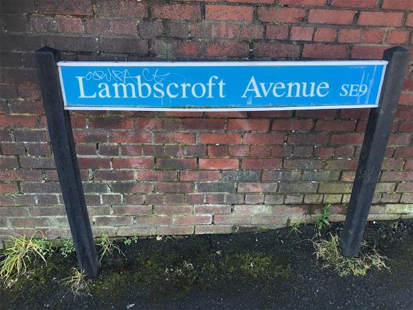 Junction of Marvels Lane. Remove graffiti from street sign-2 Lambscroft Avenue, Grove Park, London, SE9 4NZ
