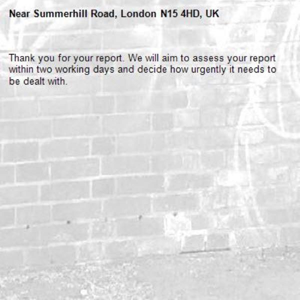 Thank you for your report. We will aim to assess your report within two working days and decide how urgently it needs to be dealt with.-Summerhill Road, London N15 4HD, UK