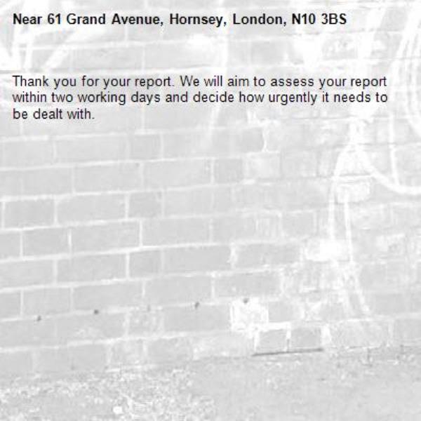 Thank you for your report. We will aim to assess your report within two working days and decide how urgently it needs to be dealt with.-61 Grand Avenue, Hornsey, London, N10 3BS