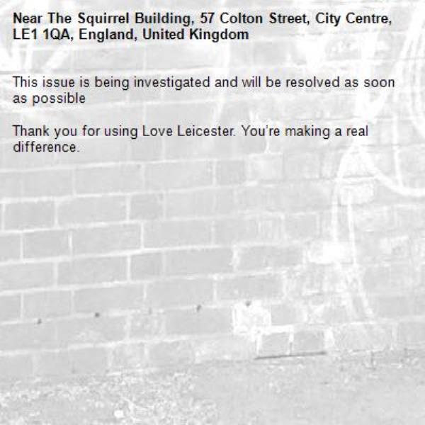 This issue is being investigated and will be resolved as soon as possible

Thank you for using Love Leicester. You’re making a real difference.
-The Squirrel Building, 57 Colton Street, City Centre, LE1 1QA, England, United Kingdom